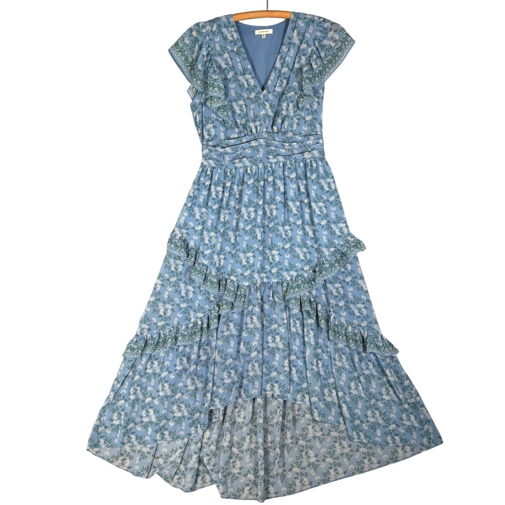 Max Studio Blue Floral High Low Maxi Dress Flutter Sleeve Smocked Back M Cottage